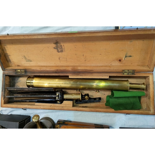 408 - A brass Library Telescope, single drawer mounted on folding tripod stand, 55cm (closed), boxed