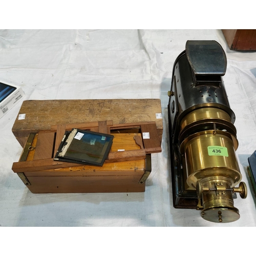 436 - A converted brass and nickel lantern projector and a collection of various slides etc.