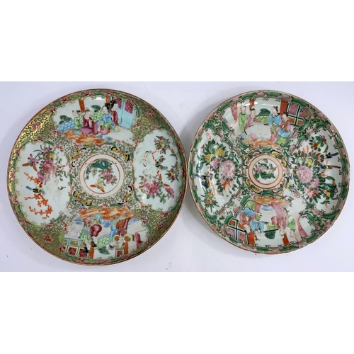 613 - Two Chinese famille verte plates decorated with traditional prints, dia 20.5 & 21.5cm; A Chinese squ... 