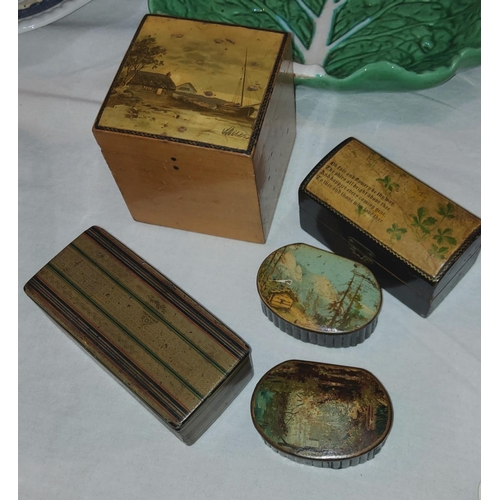 72 - A 19th century painted lacquer box, four similar mauchline boxes of various shapes.