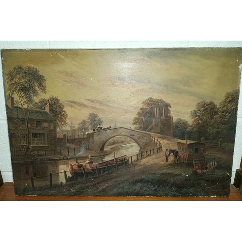 720A - Albert Dunnington: 19th century oil on canvas of a canal scene with wagon in the foreground, bridge ... 