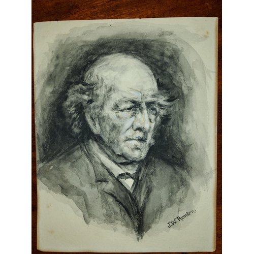 720B - J.W. Renton: A monochrome watercolour half potrait of an elderly gentleman, a pair of textured print... 