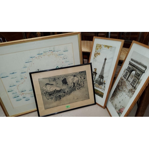 725 - After Henry Ziegler, a limited edition etching of a 
man sat on cart, 29/30, two framed prints of Pa... 