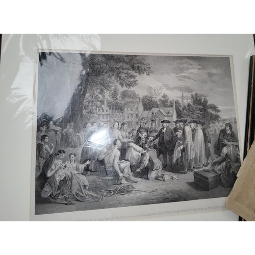 728 - William Penn's Treaty with the Indians, lithograph, 31 x 43cm, an engraving The Deserter and a hand ... 