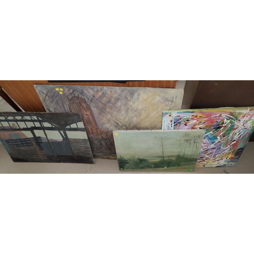 729 - Two unframed oils on canvas and an oil on board of a derelict building signed NIVEN, 54 x 77cm, an o... 