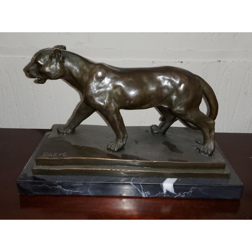 740c - A bronze lioness signed Barve, on grey marble plinth, length 24cm