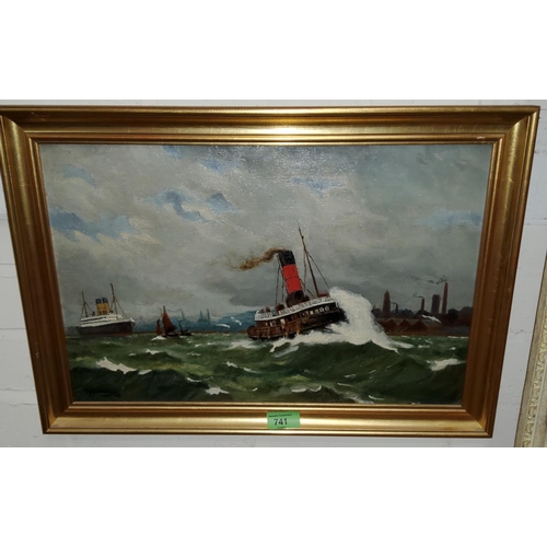 741 - H. Hocknell: oil on board of steam boat on choppy waters, with liners and shore in the background, s... 