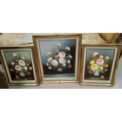 746 - Three modern gilt framed oils on canvas depicting sill lifes of flowers, and another still life of f... 