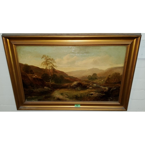 748 - (?) Bates, Victoiran oil on canvas laid on board, mountian scene with sheep grazing in the backgroun... 