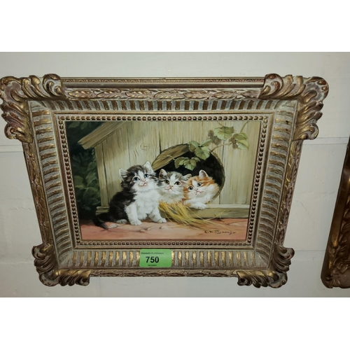 750 - G. Williams: oil on board featuring three kittens in a small wooden hut, in the manor of Julius Adam... 