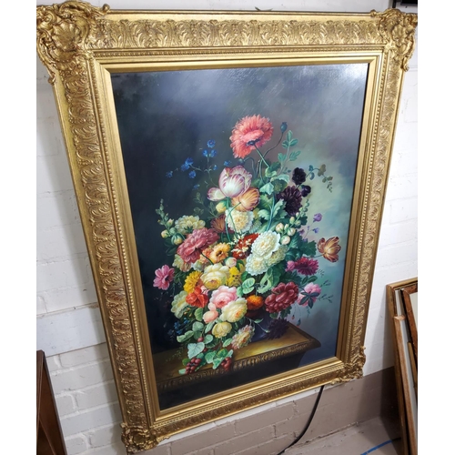 752 - Mielof: Large impressive oil on board, still life of flowers in vase with antique style gilt frame, ... 