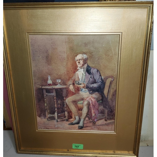 757 - G.McN - watercolour of a gentleman taking snuff, signed and dated '08, 33 x 26cm; a watercolour of a... 
