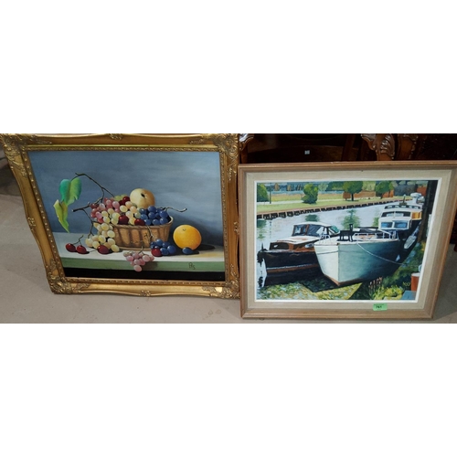 761 - Ken Jepson: oil on board of canal boats 34x33cm, S. Fenton: watercolour of a street scene, an oil on... 