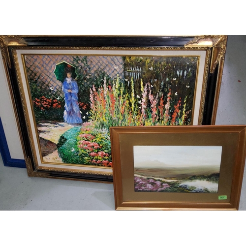 762 - A goache of a moor scene framed and glazed 24x40cm, a large oil painting copy of a Claude Monet 59x8... 