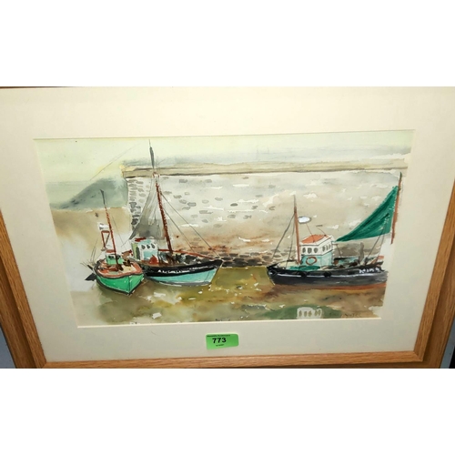 773 - Fred Yates (1922-2008) Watercolour, harbour scene, signed on front and back, framed and glazed 23x34... 