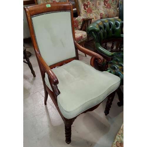 807 - A 19th century Scandinavian mahogany armchair with scroll arm rests, on barley twist legs