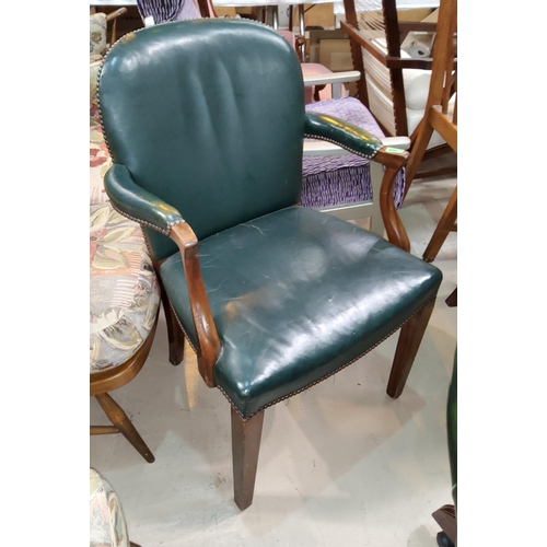810 - An early 20th century desk chair in studded green hide