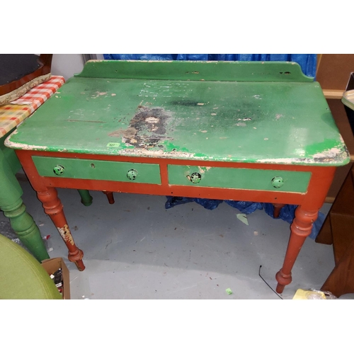 927 - A Victorian painted pine kitchen side table with 2 frieze drawers and turned legs, width 105 cm.