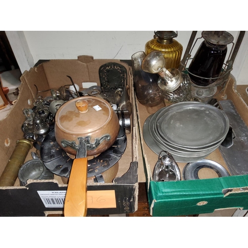 96 - A selection of antique pewter dishes, a copper fondue set, 2 lamps, other metalware