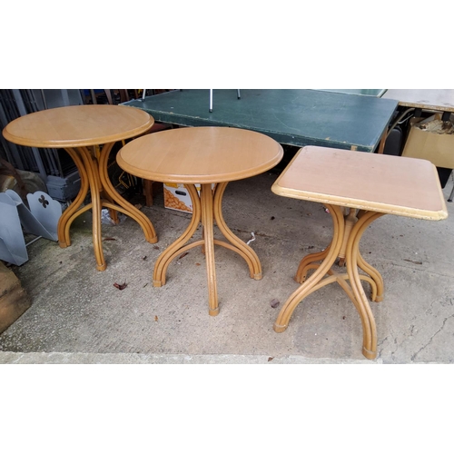 922B - Three modern bentwood tables, two circle one square(bases slight a.f)
