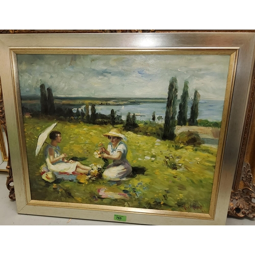 768 - R. Le Rossett: oil on canvas of two women in large flowery field, in silvered frame 44x54cm