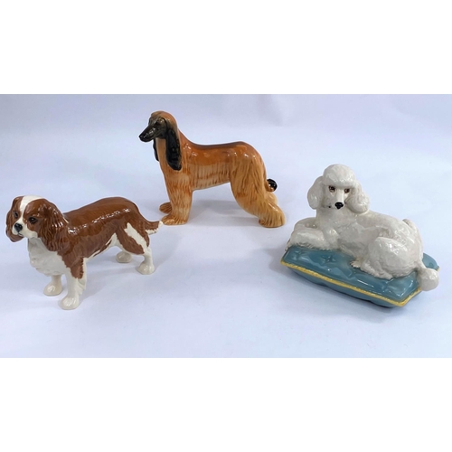 496 - Three Beswick dogs, Afghan Hound 2285, King Charles Spaniel 2107 and Poodle on Cushion 2985