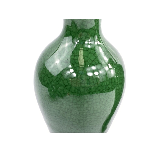 423 - A pair of Chinese monochrome green crackle glaze high
shoulder baluster vases, the rim unglazed, hei... 