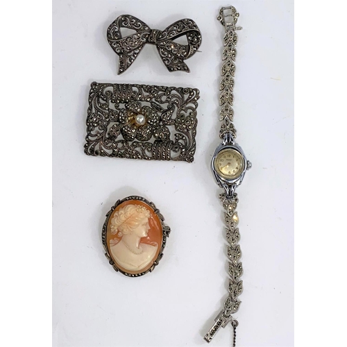 599d - A 1950's marcasite plaque brooch marked 835: 3 other pieces of marcasite jewellery
