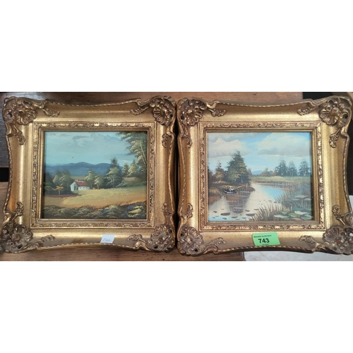 744b - A pair of small gilt framed modern oil paintings of rural scenes 14x16cm; a larger modern oil of a r... 