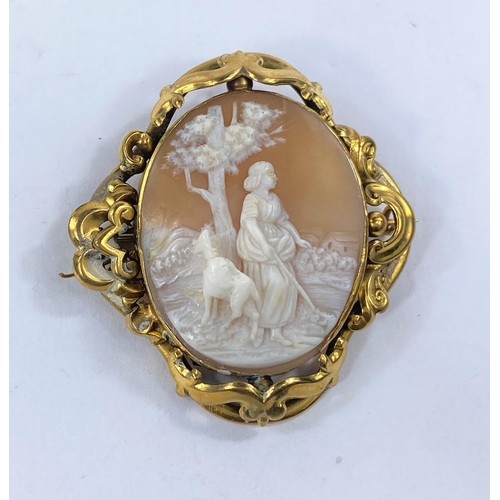 607 - A Victorian cameo depicting shepherdess and sheep in ornate yellow metal surround