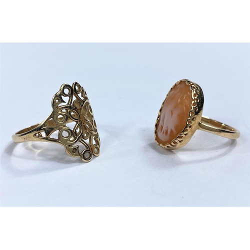 622 - A cameo ring, stamped '14K', 3.1 gm; a 9 carat hallmarked gold ring with ornate piercing, 1.9 gm