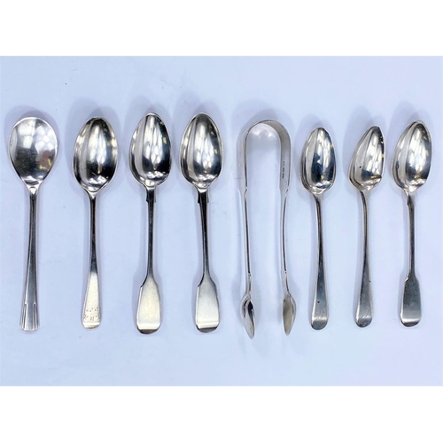 651 - Six hallmarked silver teaspoons; a preserve spoon; a pair of sugar tongs, various dates and assay of... 