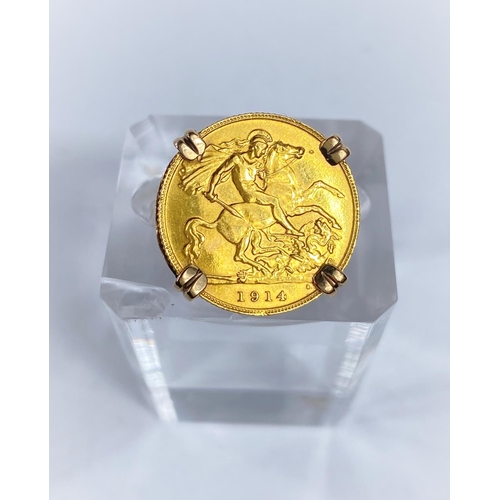 651C - A 1914 gold half sovereign in 9ct gold ring mount, gross weight 7gms