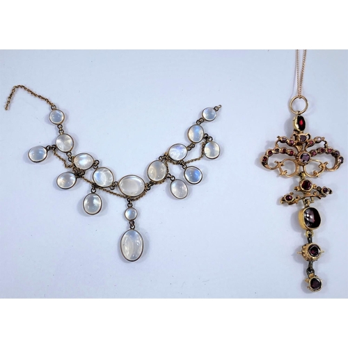 661 - An Edwardian style pendant set garnet coloured stones, on later fine link chain; a pendant set 17 mo... 