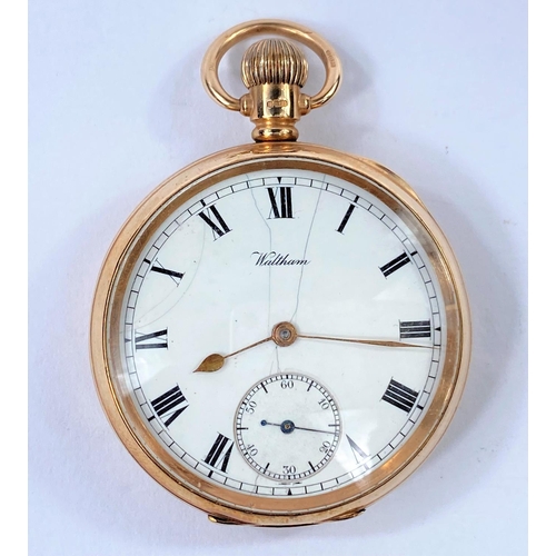 675 - A Waltham pocket watch, 15 jewel movement, 9 carat gold case and inner cover, gross weight 90 gm (ha... 
