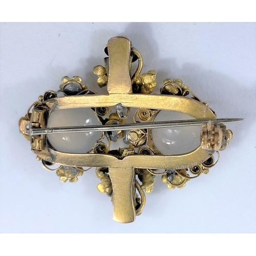 690 - A Victorian brooch in the form of encrusted leaves, set 2 moonstones and turquoise, unmarked, tests ... 