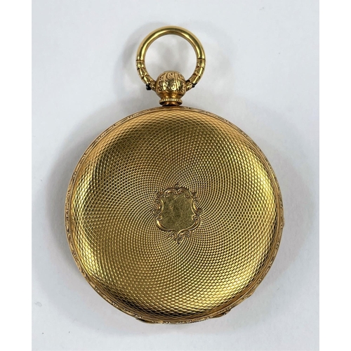 693 - A key wound open faced fob watch in 18 carat hallmarked gold case with extensive chased decoration, ... 