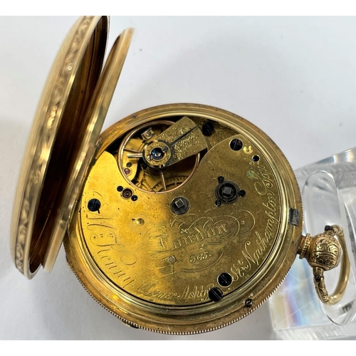 693 - A key wound open faced fob watch in 18 carat hallmarked gold case with extensive chased decoration, ... 