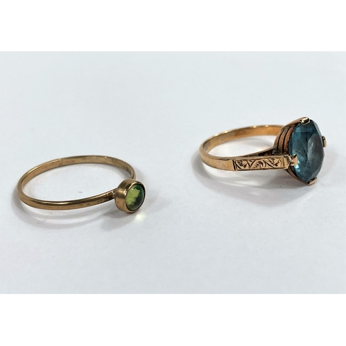 706 - A yellow metal dress ring set large pale blue stone, stamped '18c', 3.3 gm; a 9 carat hallmarked gol... 