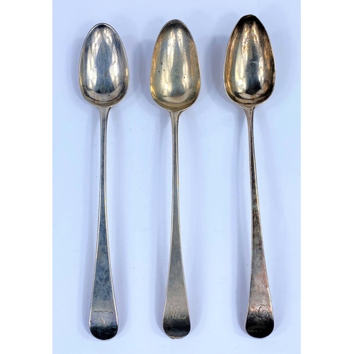 712 - Three Georgian Old English basting spoons, monogrammed, London 1787 & 1792, marks of one unclear, 10... 