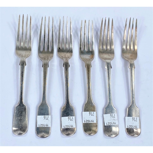 716 - A matched set of 6 fiddle pattern forks, monogrammed, London  1847, 1842 & 1874, 3 x 1845