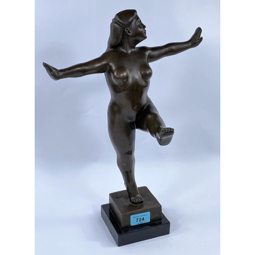 724 - After Botreo bronze of female nude dance on square marble plinth, with signature and stamp, height 4... 