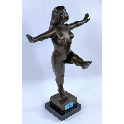 724 - After Botreo bronze of female nude dance on square marble plinth, with signature and stamp, height 4... 