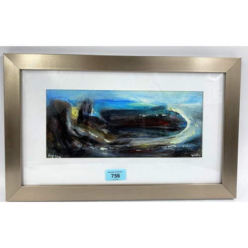 756 - David Wilde: Northern Artist, abstract oil on card, 'High Tide', signed and titled, framed and glaze... 