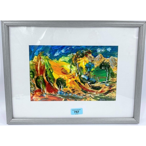 757 - David Wilde: Northern Artist, abstract oil on card, 'Wild Autumn Landscape', signed and titled, fram... 