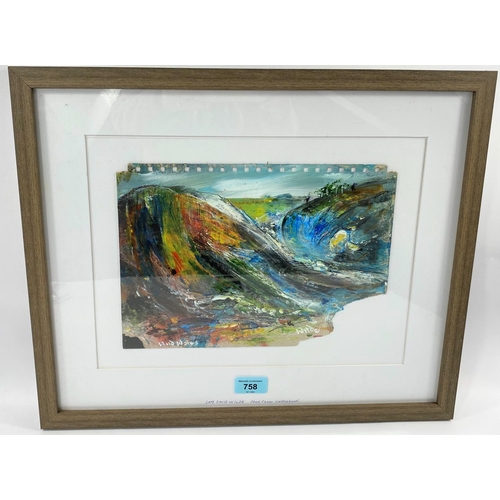 758 - David Wilde: Northern Artist, abstract oil on notebook back, 'Wild Wales', signed and titled, framed... 