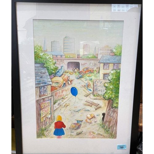 760 - David Wilde: Northern Artist, mixed media, 'Alice and Mickey, Highrise Hell! (Levenshulme)', signed ... 