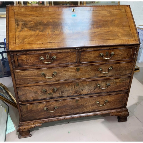 809 - A Georgian inlaid figured mahogany bureau with fall front, fitted interior, 3 long and 2 short drawe... 