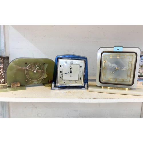 87 - Three Art Deco mantle clocks, one Smiths with blue glass and chrome surround and two other similar c... 
