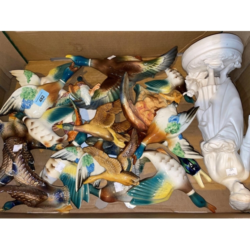 482 - A Victorian Parian ware figure of a woman and a large collection of 1930's wall mounted flying ducks